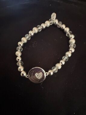 Crystal Heart Silver Beaded Bracelet with Crescent Accent - Women Jewelry